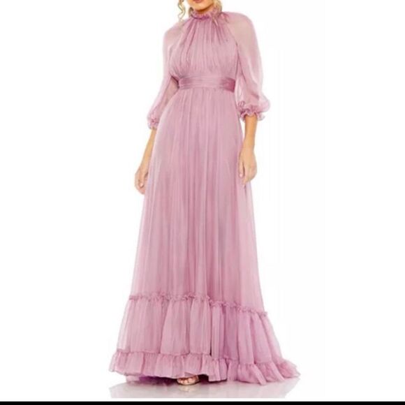 Mac Duggal Chiffon Ruched Illusion Raglan Sleeve Ruffled Gown Lilac Women's 12 - Picture 1 of 10